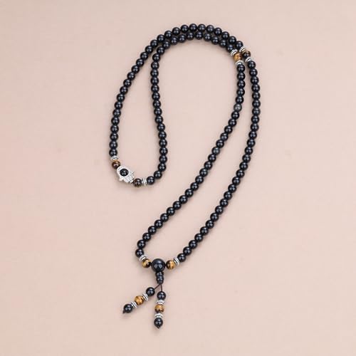 COAI 108 Mala Beads Hamsa Hand Bracelet, Wrap Bracelet Beaded Necklace for Men Women - style: Obsidian