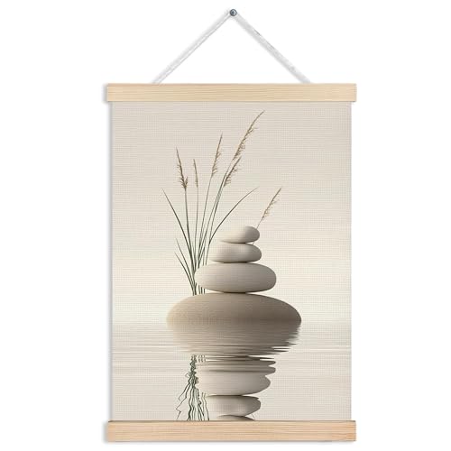MVLJG Zen Stone Spa Yoga Wall Art Poster, Tranquil Stones in Water Wild Grass Canvas Prints Hanging Wall Decor for Spa Yoga Meditation Room Bathroom, 12x16 Inches - color: Zen
