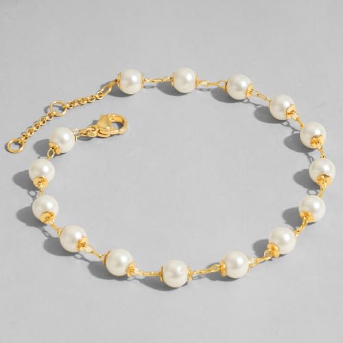 Dremmy Studios Gold Bracelet for Women 18K Gold Plated Dainty Paperclip Cubic Zirconia Disc Coin Star Cable Satellite Bead Pearl Simple Boho Minimalist Stacking Layered Link Jewelry Gift - color: Bead Pearl