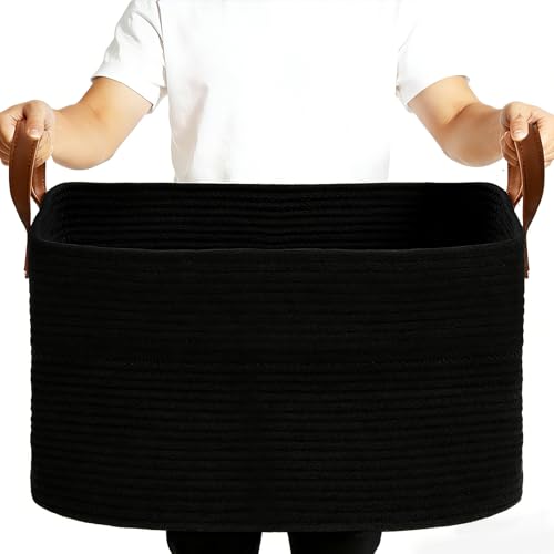 BOLDMONKEY 72L Laundry Basket with Leather Handles,Woven Cotton Rope Blanket Basket,Toy Bin for Baby Room,Laundry Hampers for Bedroom, Living Room,Bathroom,22"x17"x11.8" Black - color: Black, size: 72L