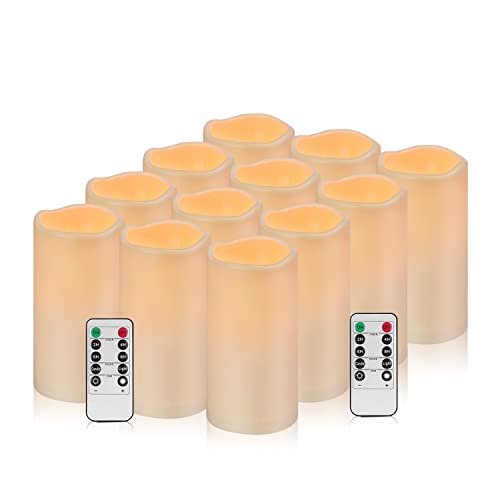 Flameless Candles 4" 5" 6" Outdoor Indoor Pillars Battery Operated Flickering Candles Include 10-Key Remote Timer 400+ Hours by 2 AA Batteries (Ivory Candle - Warm light, 3"D x 6" H - 12 Pack) - color: Ivory Candle - Warm light, size: 3"D x 6" H - 12 Pack