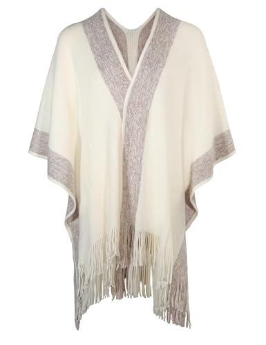 ZLYC Women's Shawl Golden Trim Knit Blanket Wrap Fringe Poncho Coat Cardigan - color: Plain Cream White