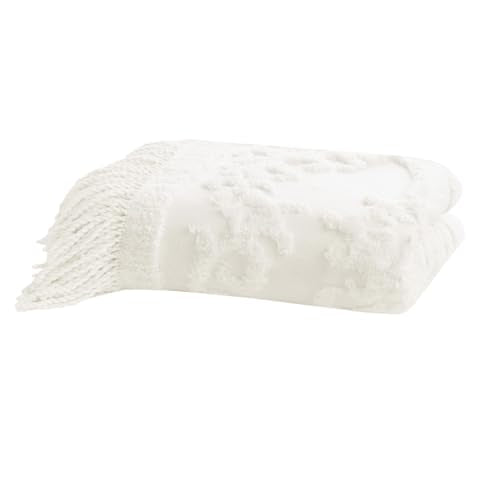 Madison Park 100% Cotton Tufted Chenille Design With Fringe Tassel Luxury Elegant Chic Lightweight, Breathable Cover, Luxe Cottage Room Décor Summer Blanket, 50" x 60", Ivory - color: Ivory