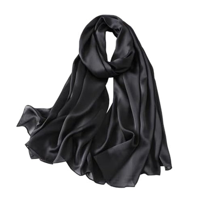 100% Mulberry Silk Long Scarf for Women Large Shawls for Headscarf and Neck- Oblong Hair Wraps with Gift Packed - color: Solid Color-black