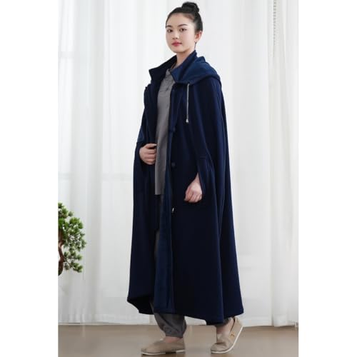 Unisex Meditation Buddhist Cloak Warm Plush Meditation Outerwear Meditation Prayer Outfit Coat Traditional Monk Robe - color: Dark Blue, size: Small