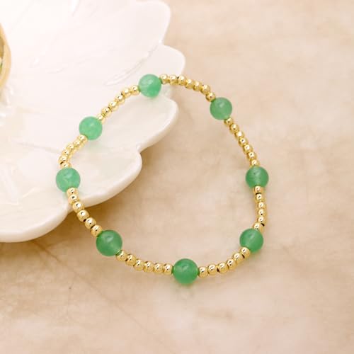 Gold Beaded Stack Bracelets for Women, Handmade Colorful Natural Beads Stackable Stretch Bracelet Everyday Fashion Jewelry Gift. - color: green gold