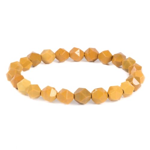Justinstones 8mm Natural Gemstone Round Beads Triangle Faceted Charm Stretch Bracelet 6.5" - color: Yellow Mookaite Jasper