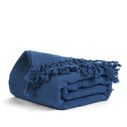 100% Cotton Muslin Throw Blanket, Gauze Blanket 50"X60" Throw with Tassel 4 Layered for Couch, Bed, Living Room, Home,Lightweight & All Season Blankets & Throws, Skin Friendly(Navy Blue)
