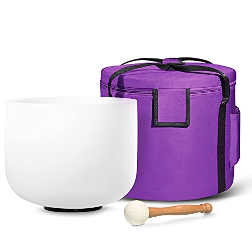 440HZ 8 Inch A Note Third Eye Chakra Frosted Quartz Crystal Singing Bowl Meditation Therapy Sound Healing Instrument Sound Bath Bowl with Carrying Bag Mallet and O-ring - color: White 8" A Note