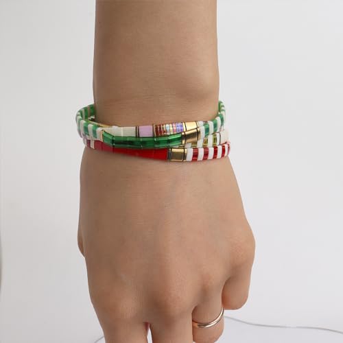 Tila Beaded Stretch Strand Bracelets for Women, Cute Boho Stackable Handmade Colorful Mixed Flat Square Beads Elastic Beach Surfer Bracelet Trendy Jewelry Friend Gift - color: 0901J