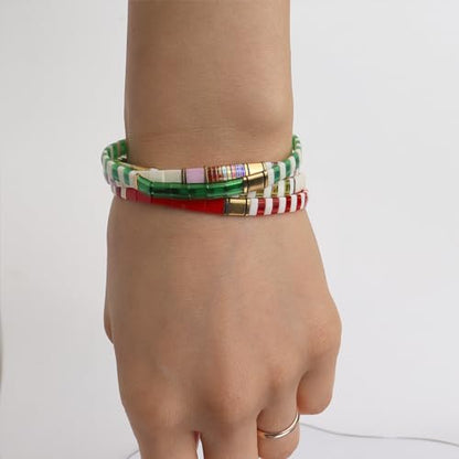 Tila Beaded Stretch Strand Bracelets for Women, Cute Boho Stackable Handmade Colorful Mixed Flat Square Beads Elastic Beach Surfer Bracelet Trendy Jewelry Friend Gift - color: 0901J