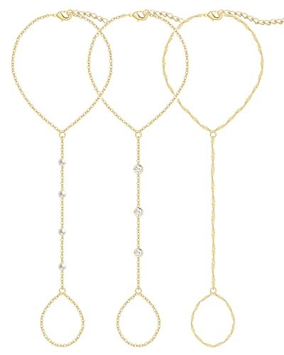 3PCS 14K Gold-Plated Hand Chain Bracelets for Women, Stack Bracelets Set Adjustable, Trendy Dainty Ring Bracelet Hand Chain - color: gold-3-cz
