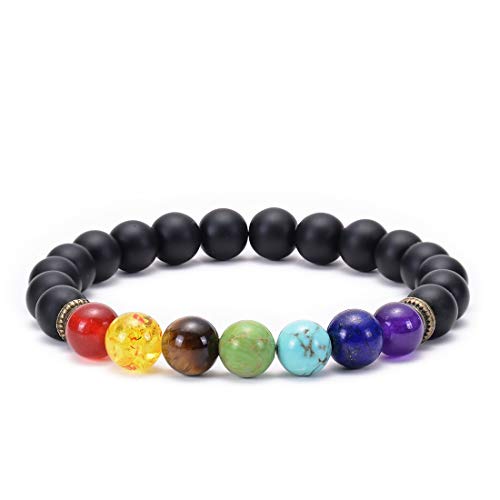 GelConnie Lava Rock Chakra Bracelet 7 Chakra 8mm Natural Stone Healing Bracelet Stress Relief Yoga Beads Anxiety Bracelet Aromatherapy Essential Oil Diffuser Bracelet Bangle - color: B-Matte Agate Elastic