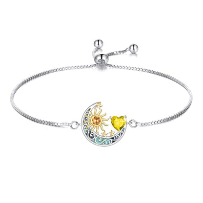 925 Sterling Silver Moon and Sun Star Adjustable Link Bracelet for Women with 12 Month Birthstone Birthday Jewelry - style: 11 - Nov.