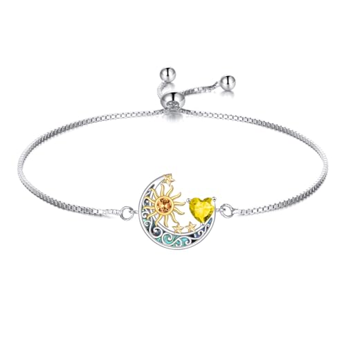 925 Sterling Silver Moon and Sun Star Adjustable Link Bracelet for Women with 12 Month Birthstone Birthday Jewelry - style: 11 - Nov.