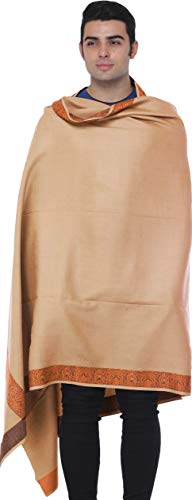 Exotic India Plain Men's Shawl with Brown Woven Border - Pure Wool - color: Khaki