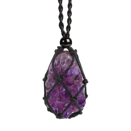 Natural unprocessed crystal raw stone hand woven rope adjustable necklace pendant for both men and women - color: Amethyst cluster