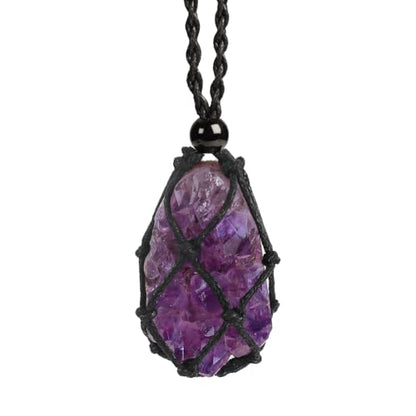 Natural unprocessed crystal raw stone hand woven rope adjustable necklace pendant for both men and women - color: Amethyst cluster