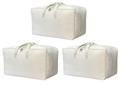 Soft Canvas Clothes Storage Bags with Four Carrying Handles and Clear Window, Closet Organizer for Clothing, Blankets Sheets and Bedding, 55L, 3 Pack, Beige - color: Beige, size: 55L - 3 Pack