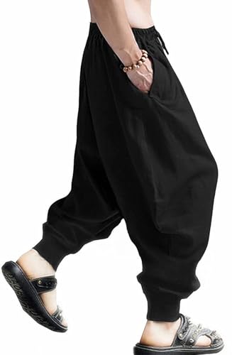 CLANMILUMS Men's Cotton Harem Pants Casual Loose Hippie Drop Crotch Trouser - color: Black1, size: X-Large