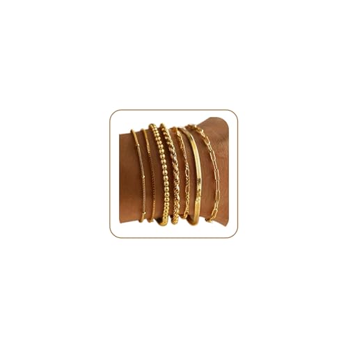 M MOOHAM 7PCS Gold Bracelets for Women - 14K Real Gold Plated Beaded Bracelets Set Rope Paperclip Chain Stackable Bracelet Non Tarnish, Friendship Birthday Jewelry Gifts for Women Teen Girls