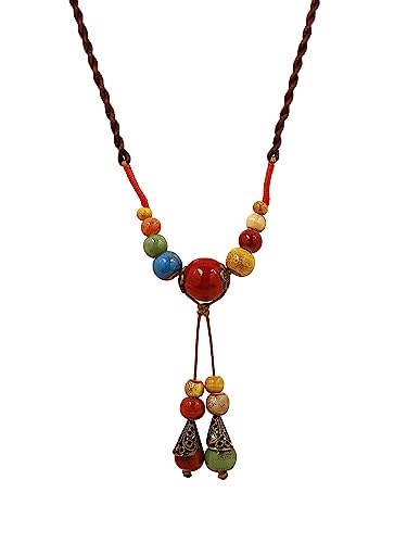 MINACHI Vintage Bohemian Ethnic Colorful Ceramic Bead Long Y Necklace, Hippie Boho Summer Fashion Jewelry Gift for Women - color: S04
