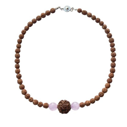 Rudraksha Necklace for Women, Shakti Healing Mala HANDMADE, Real 5 Mukhi Rudraksh Mala Beads, Rose Quartz Crystals, Heart Chakra Jewelry, Hindu Spiritual Gift for Her, Kundalini Yoga