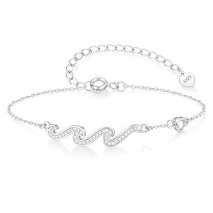 925 Sterling Silver Bracelets for Women - Wave Bracelet for Her Sister Mom Daughter Friend Dainty Stackable Adjustable Link Chain Bracelet Jewelry Birthday Gifts for Birthday Christmas Valentines