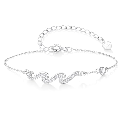 925 Sterling Silver Bracelets for Women - Wave Bracelet for Her Sister Mom Daughter Friend Dainty Stackable Adjustable Link Chain Bracelet Jewelry Birthday Gifts for Birthday Christmas Valentines