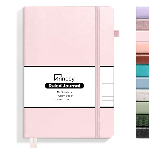 Annecy Lined Journal Notebook, Hardcover Leather Journal for Women & Men, 160 Numbered Pages, Medium 5.5" x 8.25", 100 GSM Thick Paper, Pink - color: Pink, style: Lined