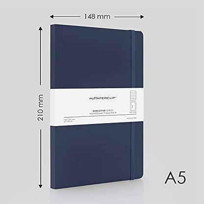 myPAPERCLIP Executive Series A5 Ruled Notebook | 192 Pages, 80 GSM, Soft Cover, A5 (5.83 x 8.27 in) | Flat Lay | Bookmark, Elastic Closure & Back Pocket | Blue - color: Blue, size: A5, Ruled