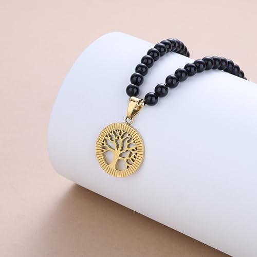 COAI Tree of Life Necklace 108 Mala Beads, Women's Men's Beaded Necklace, Japa Mala for Yoga Meditation 6mm - style: Obsidian
