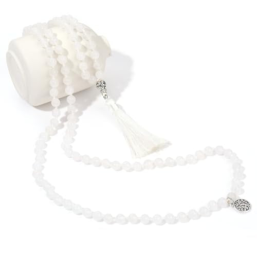 108 Mala Beads Necklace Semi-Precious Gem Stones Meditation Necklace 108 Hand Knotted Japa Mala Beaded Tassel Necklace with Tree of Life Pendant - color: White Marble