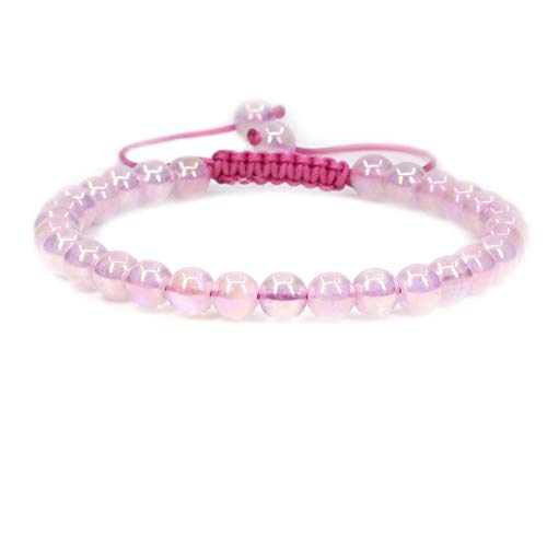 Keleny Natural Gemtone 6mm Round Beads Crystal Adjustable Braided Macrame Tassels Bracelets Unisex - color: Coated Aqua Aura Madagascar Rose Quartz