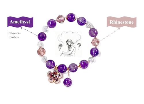 Birth Flower Crystal Bracelets for Women, Handmade Natural Gemstone Stretch Jewelry with Healing & Positive Energy - color: Feb. Violet & Amethyst（2）