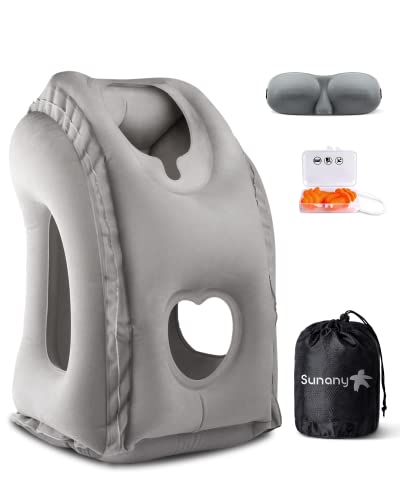 Sunany Travel Pillow, Inflatable Neck Pillow Used for Airplanes/Cars/Buses/Trains/Office Napping with Eye Mask/Earplugs (Gray) - color: Grey