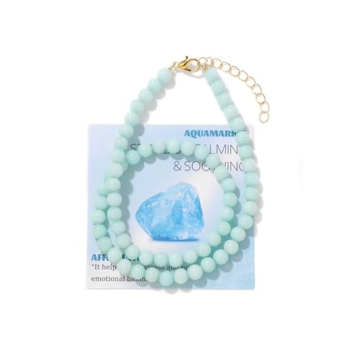 Healing Crystal Necklace for Women Men Colorful 6mm Natural Stone Beaded Choker Gemstone Necklaces with Card Handmade Reiki Spiritual Jewelry Gift - color: Aquamarine