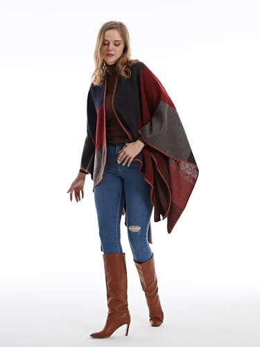 MissShorthair Women's Printed Shawl Wrap Fashionable Open Front Poncho Cape, Gift for Women - color: A-reddish Brown