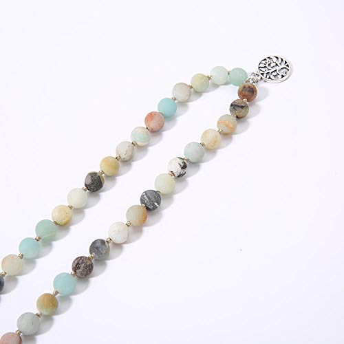 108 Mala Beads Necklace Semi-Precious Gem Stones Meditation Necklace 108 Hand Knotted Japa Mala Beaded Tassel Necklace with Tree of Life Pendant - color: Natural Amazonite