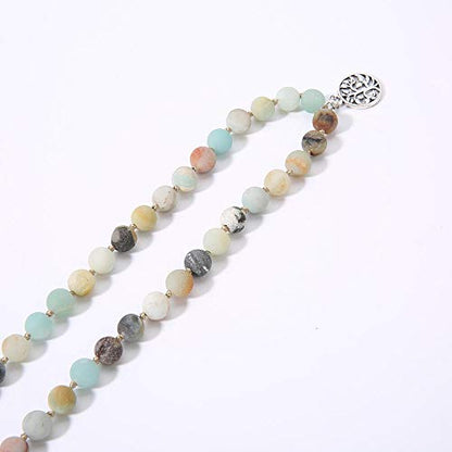 108 Mala Beads Necklace Semi-Precious Gem Stones Meditation Necklace 108 Hand Knotted Japa Mala Beaded Tassel Necklace with Tree of Life Pendant - color: Natural Amazonite