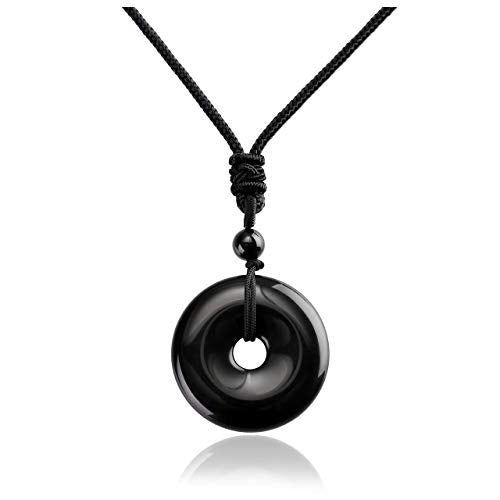 Jovivi 30mm Circle Donut Healing Crystals Necklace Natural Semi-Precious Chakra Gemstone Stone Amulet Lucky Coin Donuts Charm Protection Quartz Reiki Pendant Necklace for Men Women Adjustable Rope - color: Obsidian Crystal