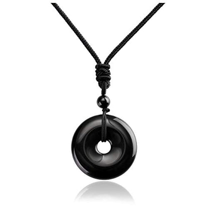 Jovivi 30mm Circle Donut Healing Crystals Necklace Natural Semi-Precious Chakra Gemstone Stone Amulet Lucky Coin Donuts Charm Protection Quartz Reiki Pendant Necklace for Men Women Adjustable Rope - color: Obsidian Crystal