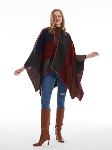 MissShorthair Women's Printed Shawl Wrap Fashionable Open Front Poncho Cape, Gift for Women - color: A-reddish Brown