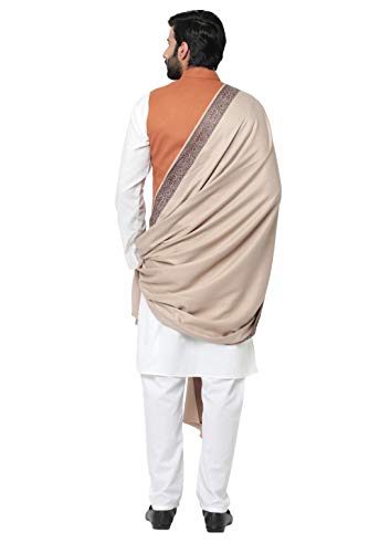 Weavers Villa Men's Woven Border Woollen Lohi Meditation Shawl Wrap - color: Light Beige