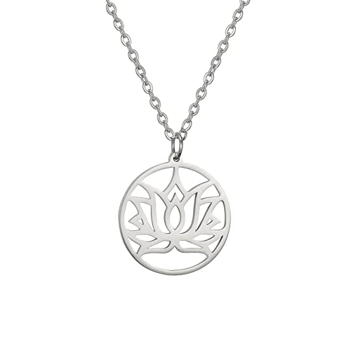TEAMER Lotus Necklace Stainless Steel Flower of Life Necklace Yoga Meditation Pendant Inspirational Jewelry For Women - color: Style 4 - Silver