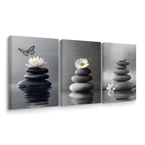BJYCHG Black and White Zen Wall Art 3 Pieces Stones in Water Picture Canvas Print for Bathroom Spa Stone Painting Yoga Meditation Room Decor Framed (Gray, 20x28inchx3 Pieces) - color: Gray, size: 20x28inchx3 Pieces