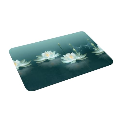 Dragonfly with Water Lily Print Flannel Anti-Slip Mat 16x24in Polyester Floor Covering, Full Single-Side Printed - color: Dragonfly With Water Lily