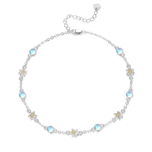CRMAD 925 Sterling Silver Daisy/Sunflower Moonstone Anklet Daisy Flower Ankle Bracelet for Women Beach Dainty Jewelry - size: 9+2 inch, style: Lily