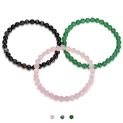 3PCS Agate Bracelet for Women Men Natural Round Beaded Agates Stone Healing Stretch Bracelets Elastic Handmade Polished Gemstone Beads Bracelet - color: Black White+Pink+Green