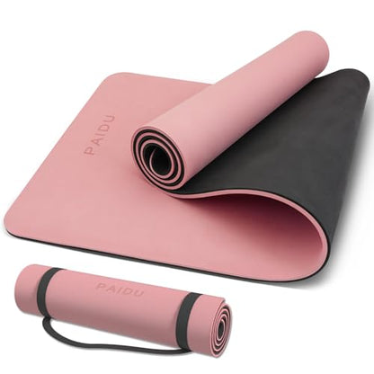 PAIDU Yoga Mat Non Slip Anti-tear,extra thick-2/5 inch（10MM）High Resiliency Professional POE Yoga Mats for Women Men Kids,72"x24"inch,Workout, Yoga, Pilates and Floor Exercise, with Carrier Strap - color: Pink + black